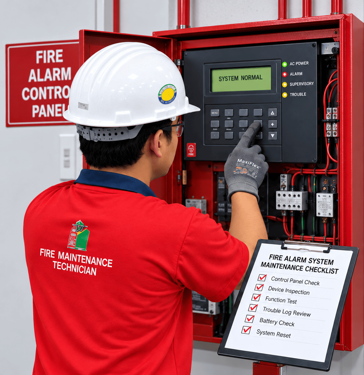 fire alarm maintenance UAE technician inspecting smoke detector